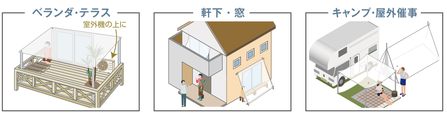 バロンスクリーンホワイト涼風|農業用途を中心に開発された製品ですが、熱がこもりがちなご家庭のウッドデッキや軒下、イベントでの日除けなど、さまざまなシーンでご活用いただけます。